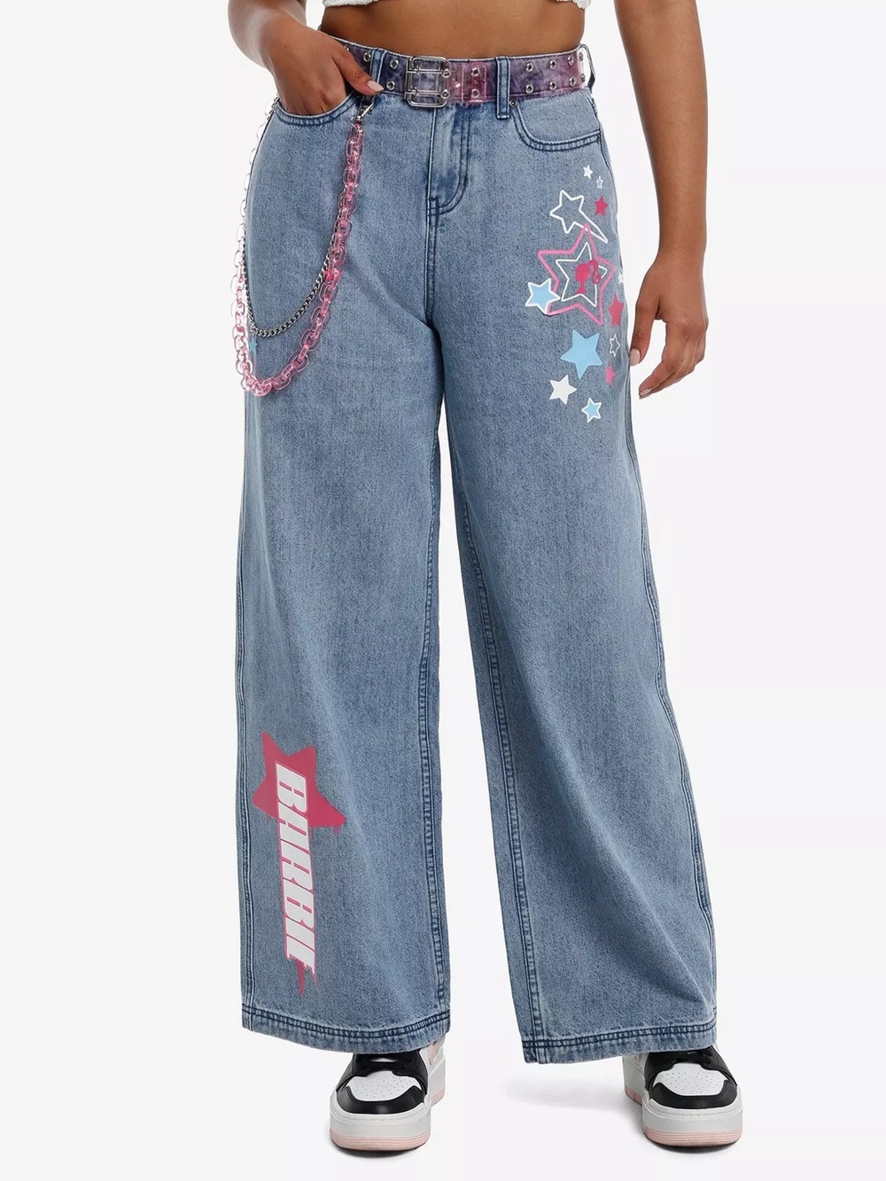 Barbie Y2K Wide Leg Jeans Womens Size 0 Blue Graphic Star Logo Mattel Denim
